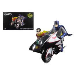 1966 Batcycle Elite Edition and Side Car with Batman and Robin Figures 1/12 Diecast Model by Hotwheels