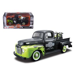 1948 Ford F-1 Pickup Truck Harley Davidson With 1948 FL Panhead Motorcycle Black/Green 1/24 by Maisto