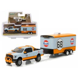 2015 Ford F-150 Pickup Truck #68 \Gulf Oil\ and Enclosed Car Hauler Hitch & Tow Series 7 1/64 Diecast Car Model by Greenlight