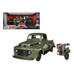 1948 Ford F-1 Pickup Truck Harley Davidson Flat Green With 1942 Harley Davidson WLA Flathead Motorcycle 1/25 by Maisto