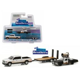 2015 Dodge Ram and 1974 Dodge Monaco \Bluesmobile\ on Flatbed Trailer \Blues Brothers\ Movie (1980) 1/64 Diecast Model Cars by Greenlight