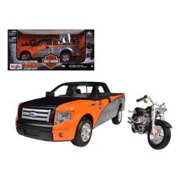 2010 Ford F-150 STX Orange/Black/Silver 1/27 & 1/24 Harley Davidson FLSTF Fat Boy Motorcycle by Maisto