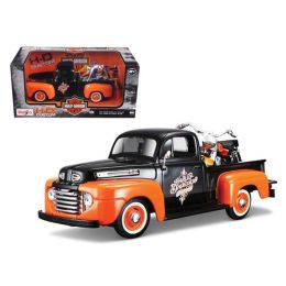1948 Ford F-1 Pickup Truck Orange/Black with 1958 FLH Duo Glide Harley Davidson Motorcycle 1/24 by Maisto