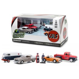 Motor World Diorama Set Gulf Oil Vintage Gas Station 6pcs Set 1/64 Diecast Model Cars by Greenlight
