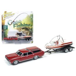 1964 Oldsmobile Vista Cruiser Regal Red with Boat and Trailer \Gone Fishing\ 1/64 Diecast Model Car by Johnny Lightning