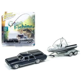 1964 Oldsmobile Vista Cruiser Midnight Mist Blue with Boat and Trailer \Gone Fishing\ 1/64 Diecast Model Car  by Johnny Lightning