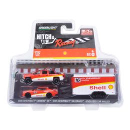 2015 Chevrolet Silverado Pickup Truck and 2016 Camaro with Car Hauler Shell Hitch & Tow Racing Edition 1/64 Diecast Model Car by Greenlight