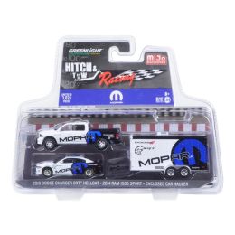 2014 Dodge Ram 1500 Pickup Truck and 2016 Charger SRT Hellcat with Car Hauler MOPAR Hitch & Tow Racing Edition 1/64 Diecast Model Car by Greenlight