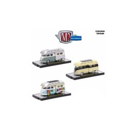 Auto Thentics 3 Cars Set 1959 Volkswagen Double Cab with Campers USA Models  IN DISPLAY CASES 1/64 Diecast Model Cars by M2 Machines