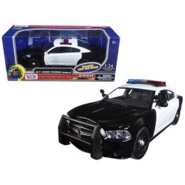 2011 Dodge Charger Pursuit Police Car Black and White with Flashing Light Bar, Front and Rear Lights and 2 Sounds 1/24 Diecast Model Car by Motormax