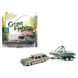 1973 Chevrolet Caprice Silver Poly with Wood Grain with Boat and Trailer \Gone Fishing\ 1/64 Diecast Model Car  by Johnny Lightning