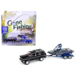 1981 Jeep Wagoneer Midnight Blue with Boat & Trailer \Gone Fishing\ Limited to 2508pc 1/64 Diecast Model Car by Johnny Lightning