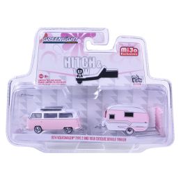 1974 Volkswagen Type 2 Bus Pink and 1958 Catolac Deville Trailer Hitch & Tow Series Limited Edition to 2898pcs 1/64 Diecast Model Car by Greenlight