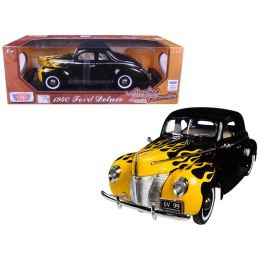 1940 Ford Deluxe Black with Yellow Flames \Timeless Classics\ 1/18 Diecast Model Car by Motormax