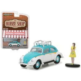 Classic Volkswagen Beetle White and Blue with Roof Rack and Woman in Dress \The Hobby Shop\ Series 1 1/64 Diecast Model Car by Greenlight