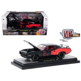 1971 Plymouth Hemi Cuda Gloss Black with Bright Red Stripes 1/24 Diecast Model Car by M2 Machines