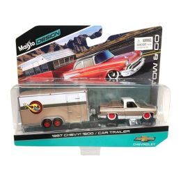 1987 Chevrolet Pickup Truck 1500 Gold and Car Trailer Tow & Go 1/64 Diecast Model by Maisto