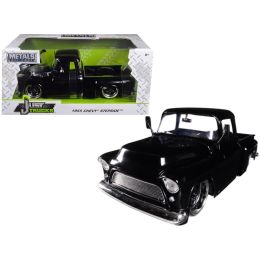 1955 Chevrolet Stepside Pickup Truck Black with Black Wheels 1/24 Diecast Car Model by Jada