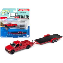 2004 Ford F-250 Red with Car Trailer Limited Edition to 4540 pieces Worldwide \Truck and Trailer\ Series 1 1/64 Diecast Model Car by Johnny Lightning