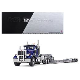 Peterbilt 367 with Tri Axle Lowboy Trailer Blue and Silver 1/34 Diecast Model by First Gear