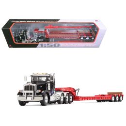 Peterbilt 367 with Tri Axle Lowboy Trailer Komatsu Black and Red 1/50 Diecast Model by First Gear