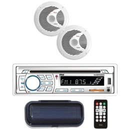 Pyle(R) PLCDBT65MRW Marine Single-DIN In-Dash CD AM/FM Receiver with Two 6.5 Speakers, Splashproof Radio Cover & Bluetooth(R) (White)